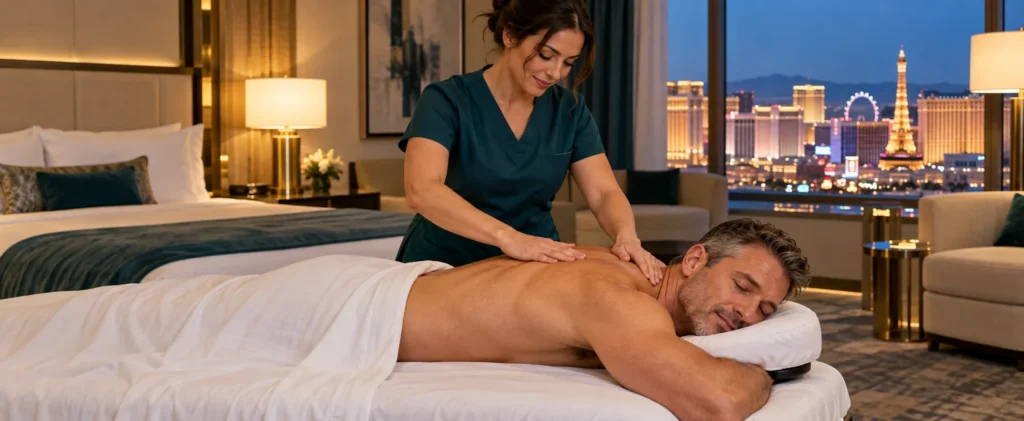 Female therapist massaging a male guest’s back in a hotel suite overlooking the Las Vegas Strip.