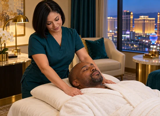 Female therapist in teal scrubs giving a male guest a shoulder massage in a Las Vegas hotel suite.