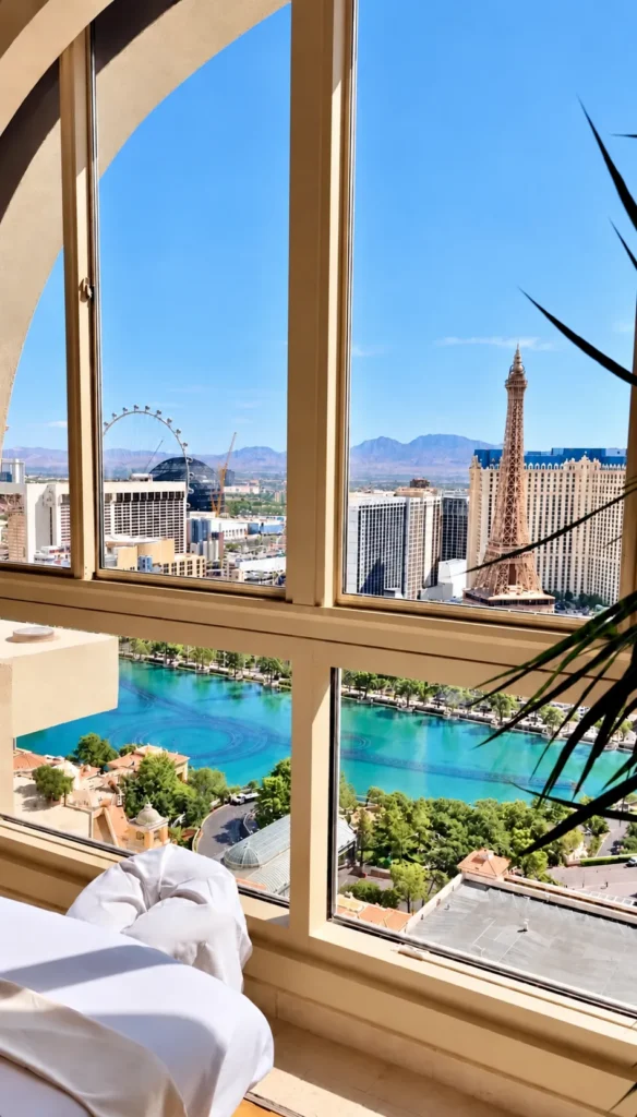 White massage table beside hotel windows overlooking the Las Vegas Strip and the Eiffel Tower replica.
