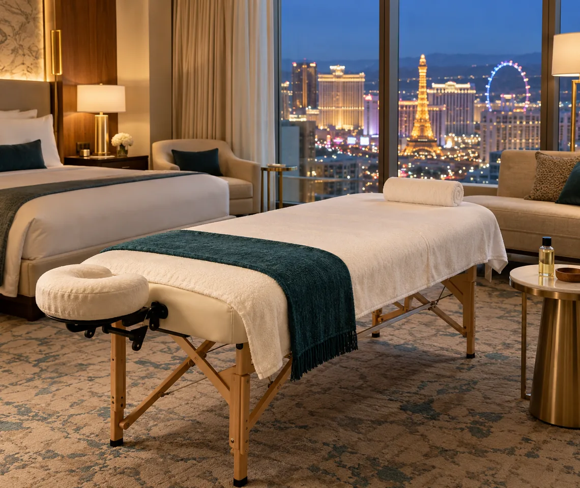 Massage table with white linens and a teal throw in a Las Vegas hotel suite.