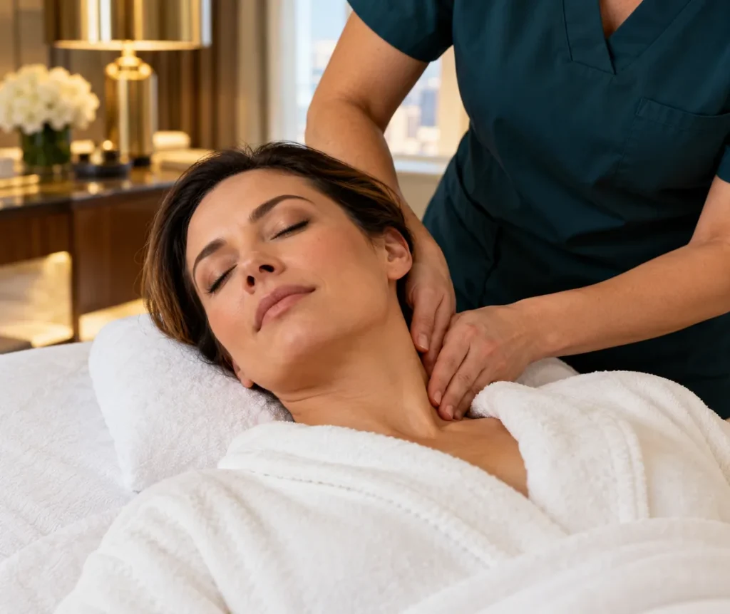 Therapist providing a neck massage to a woman resting on white linens.