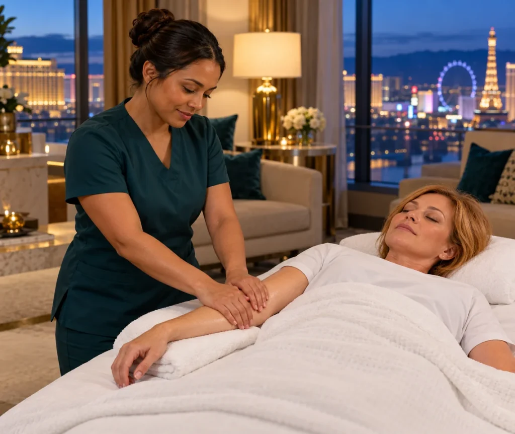 Female therapist performing Swedish massage on a guest’s forearm in a Las Vegas hotel suite.